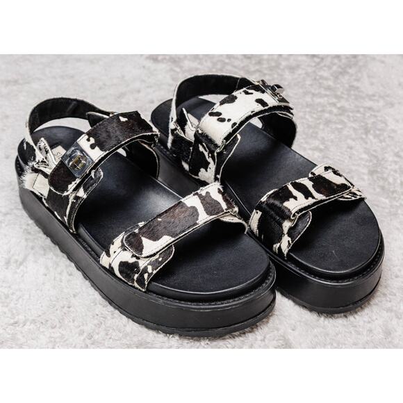 Steve Madden BigMona Black White Cow Print Platform Sandals Womens Size 10 - Picture 1 of 15